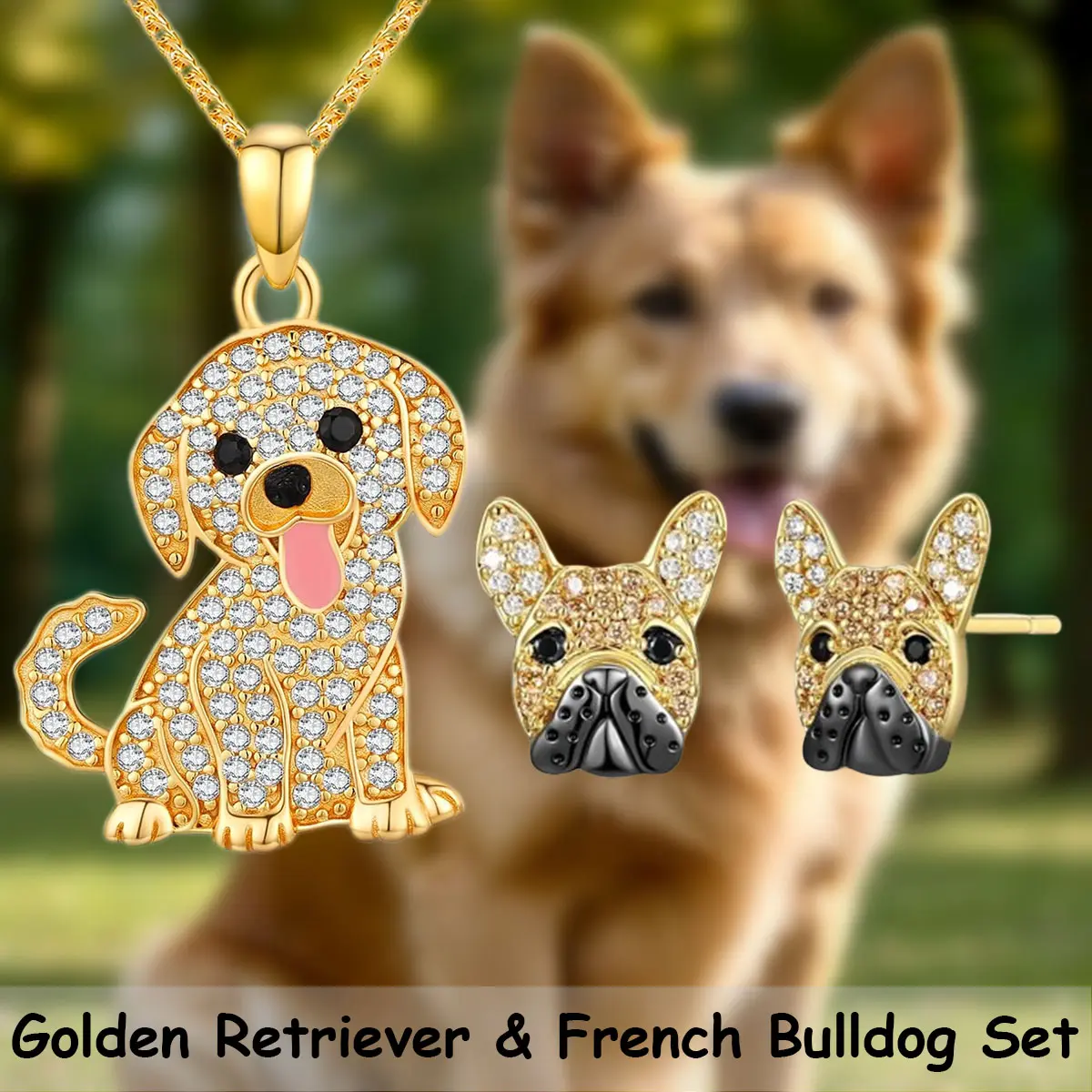 Cute Animal Jewelry Set, 3-Piece Chic Alloy Golden Retriever Pendant & French Bulldog Stud Earrings, Daily Fashion Accessory Gift, Birthday, Unisex, Animals