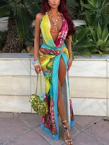 Trendy Summer Fitted Women's Backless Halter Top and Slit High Waist Skirt Set, Fashionable Print Two-Piece Outfit for Parties and Beach, Summer Wear, Womenswear