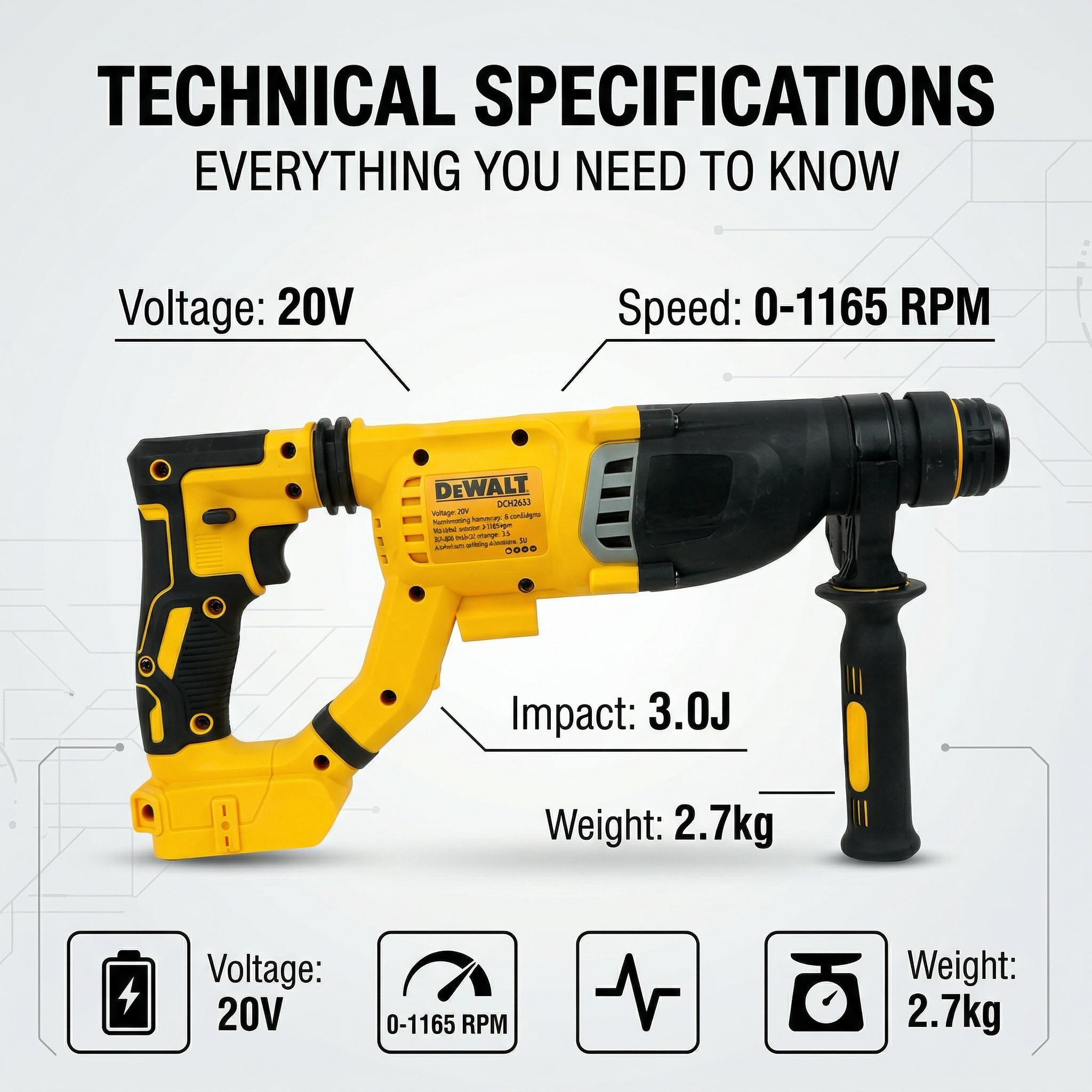 Dewalt DCH263 20V Brushless Rotary Hammer Kit – 3.0J Impact Energy for Concrete Drilling Up to 28mm – Variable Speed Trigger with 0-4300 BPM