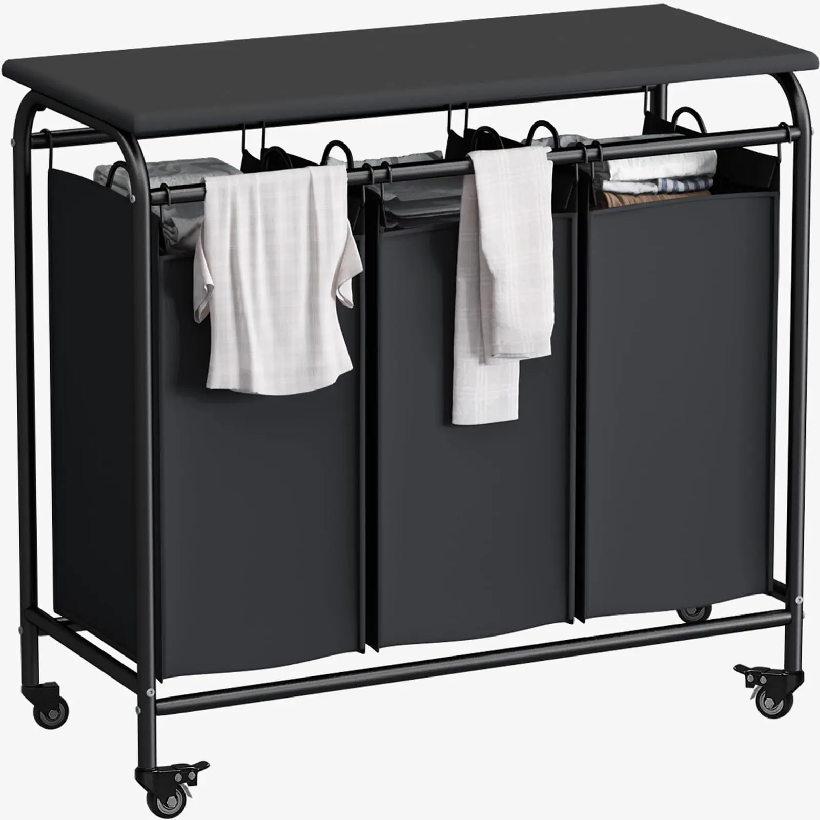 3 Bag Section Laundry Cart Sorter Heavy Duty Rolling Lockable Wheels Laundry Hamper Cart with Ironing Board and Removable Bags Metal Laundry Basket