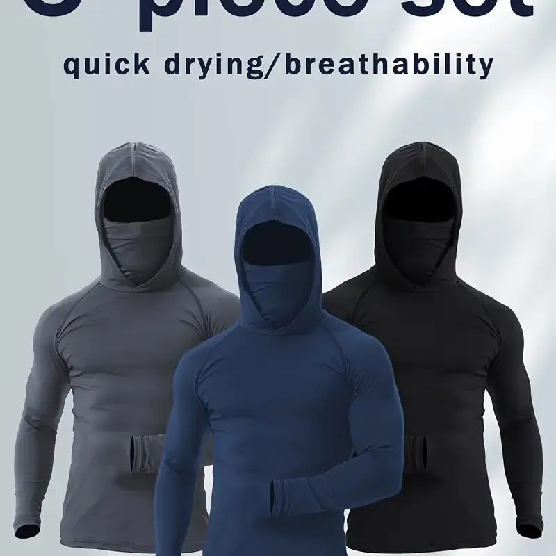 Men's 3-Piece Set Dry-Fit Long Sleeve Compression Sports Hoodie with Mask - Lightweight, Breathable Male Activewear Gym Top with Dry Fit Shirts for Long Training (No XXL Option)