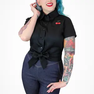 Women’s 1950s Inspired Black Knot Top With Embroidered Cherries
