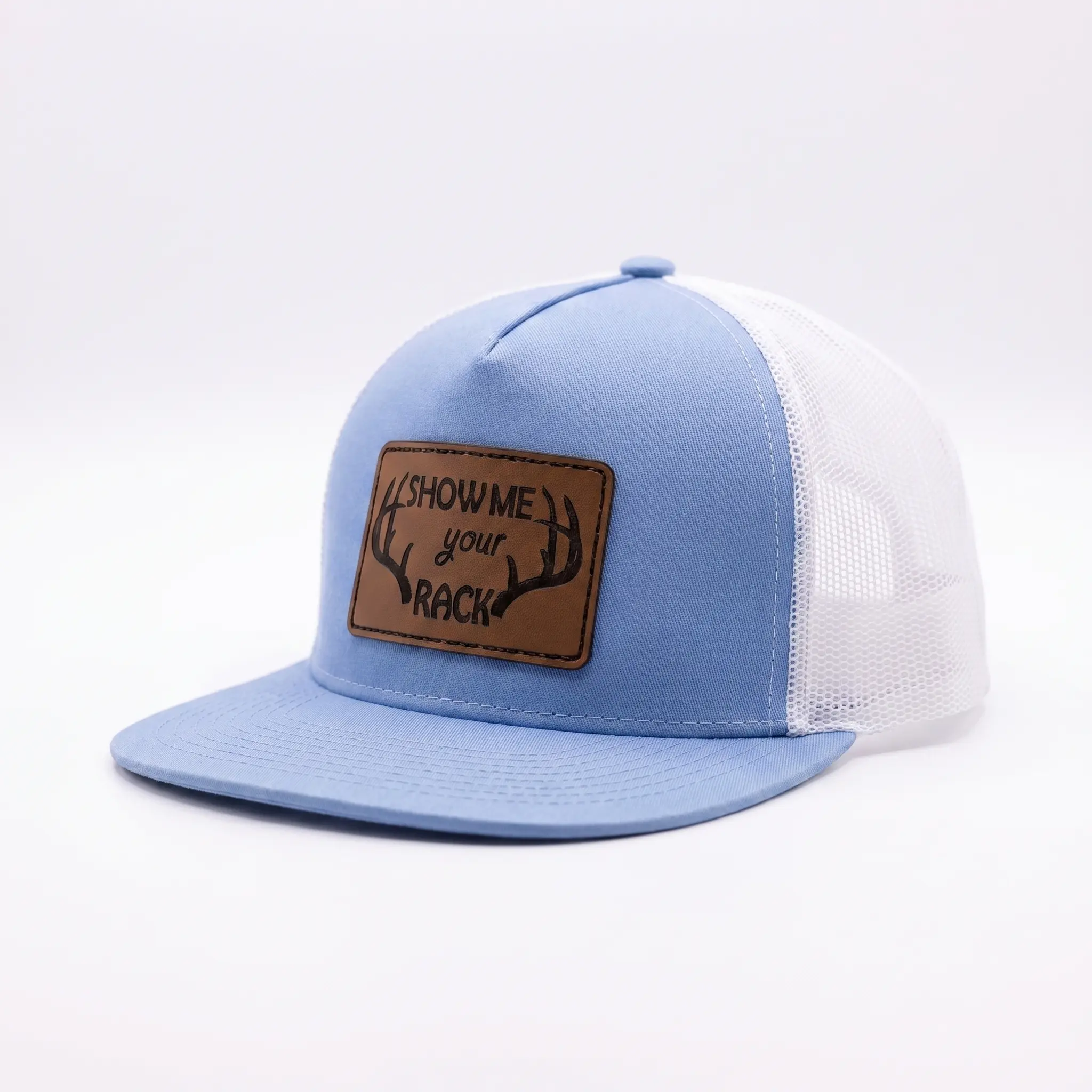 Show Me Your Rack Baseball Cap Trucker Hat - Light Blue Mesh Back with Leather Patch Design