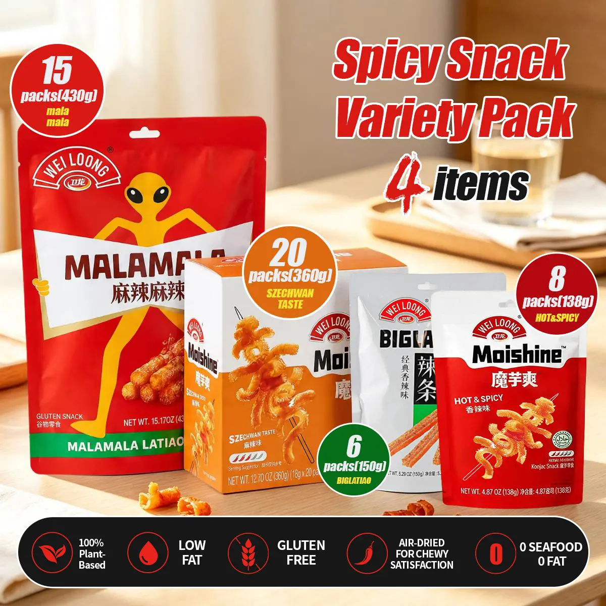 WEI LOONG Spicy Snack Variety Pack, 4 Items | Mala Latiao + Szechwan Konjac + Biglatiao + Hot & Spicy Moishine, Chewy Plant-Based Asian Snacks  backtoschool