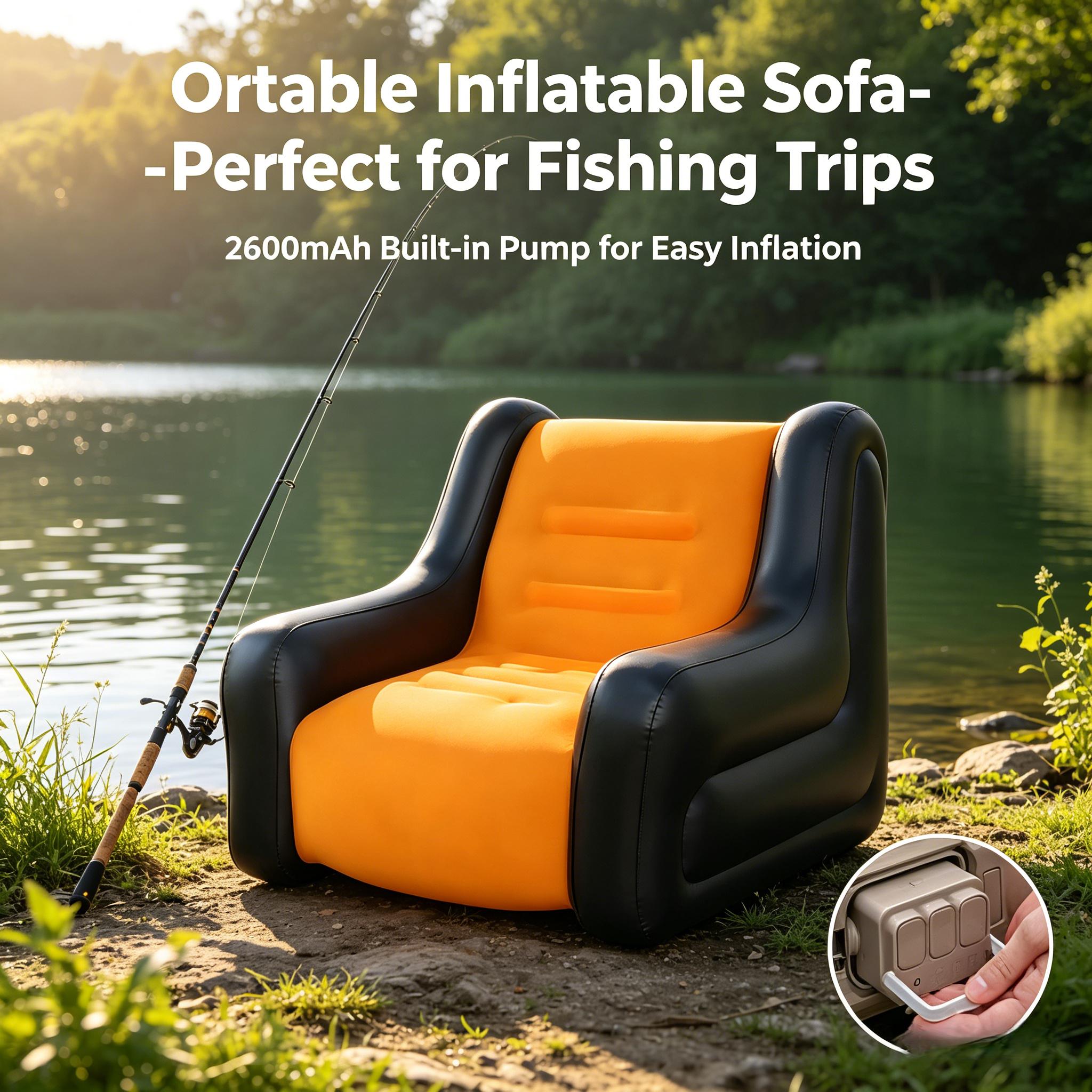 1pc Adult Plush Automatic Inflatable Sofa with 2600mAh Built-in Battery Pump, One-Click Inflate Deflate, Foldable Armrests for Home Camping Music Festival Outdoor Picnic Travel Leisure