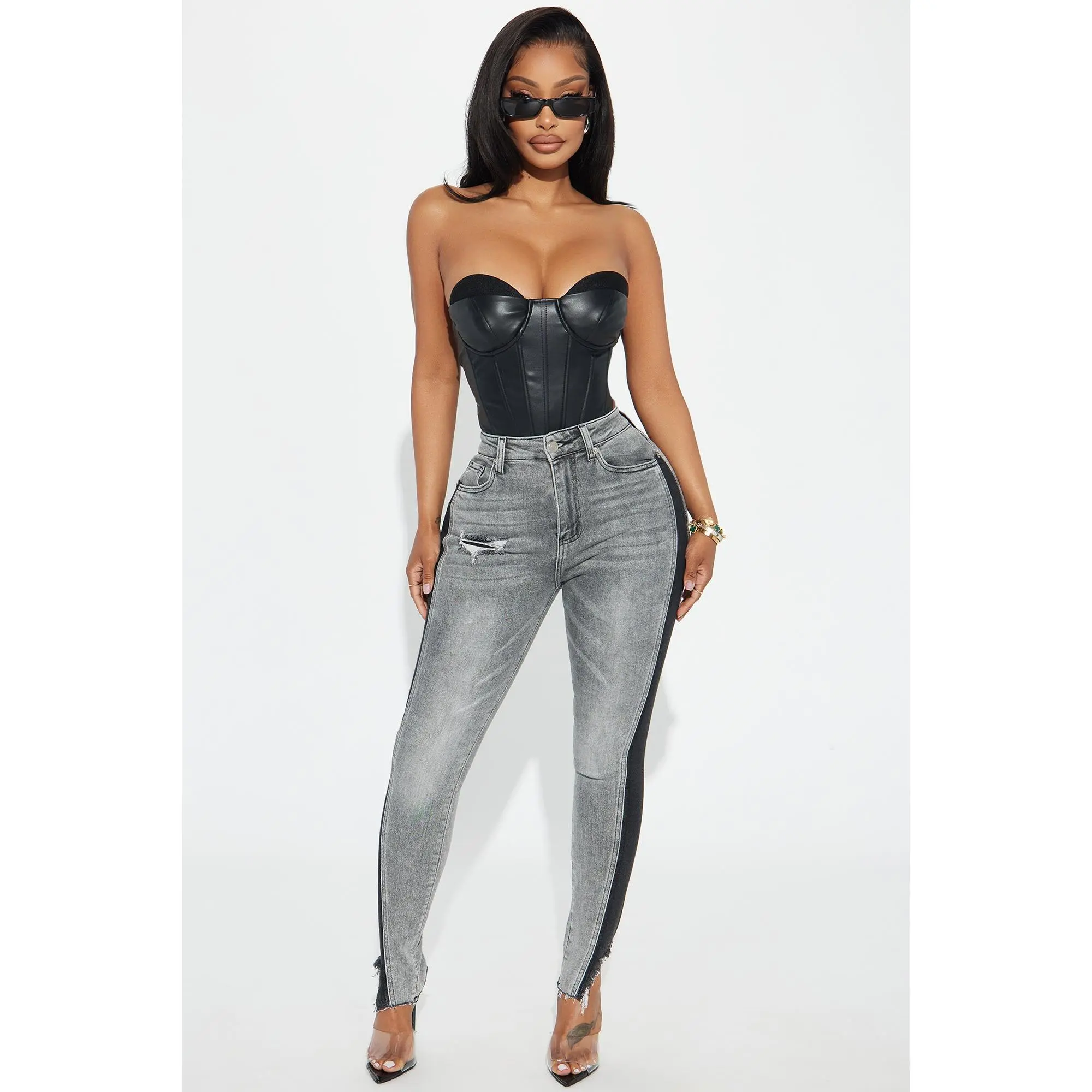 Davine Two Tone Stretch Skinny Jeans - Grey