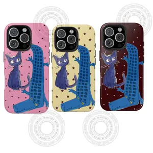 Whimsical Cat and Crocodile Phone Case – Aesthetic Blue Alligator & Purple Cat Art – Cute Cartoon Animal Design with Polka Dots and Stars on Pink, Cream, or Burgundy Background – Indie Kid Core, Y2K – Fits iPhone 7 to 17 Pro Max, Samsung Galaxy S21 to S25