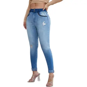 Ripped Button Front Roll Up Hem Jeans Skinny Spandex Bottom Fit Womenswear