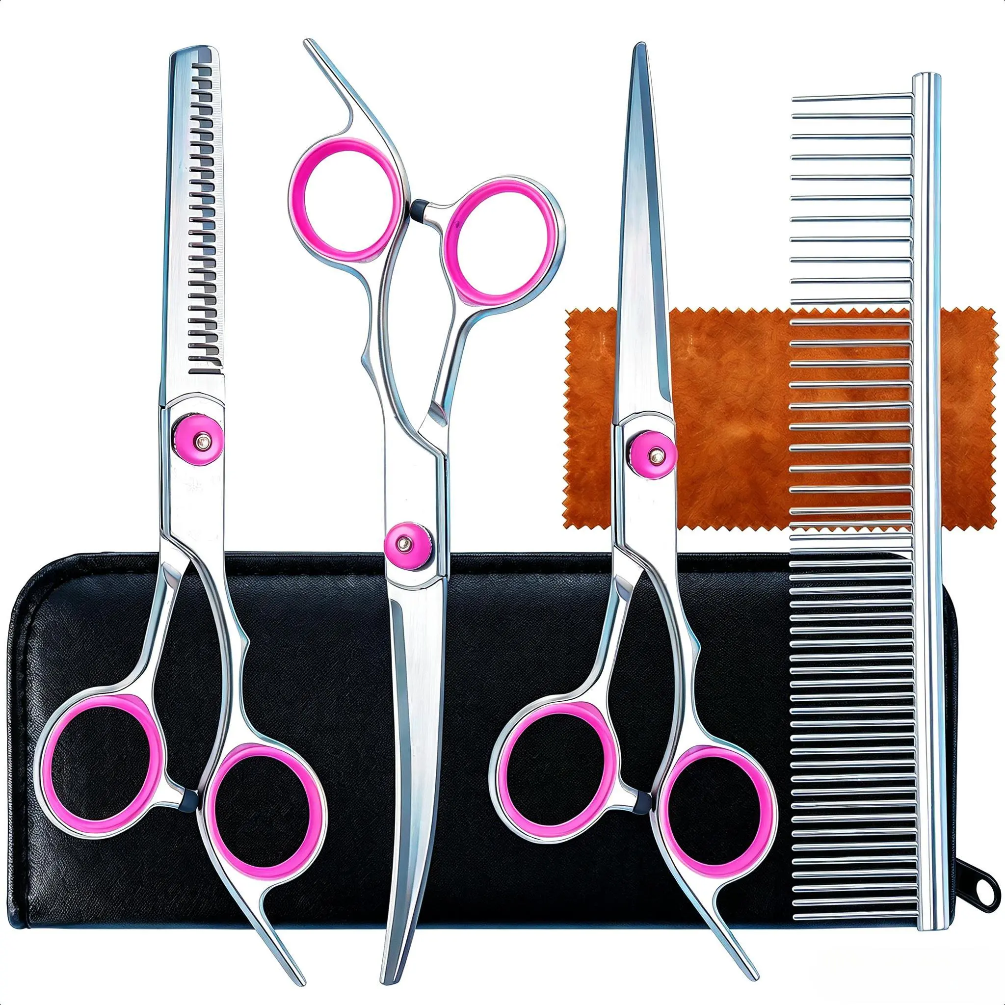 Professional Stainless Steel Pet Grooming Shears Set - Ergonomic Design, Thinning Shears with Widely Spaced Teeth, Grooming Comb, Left/Right Hand Compatible, Smooth Cutting, Tangle Removal, Groomer Tools, Ideal for Dog Styling, Curved Shears