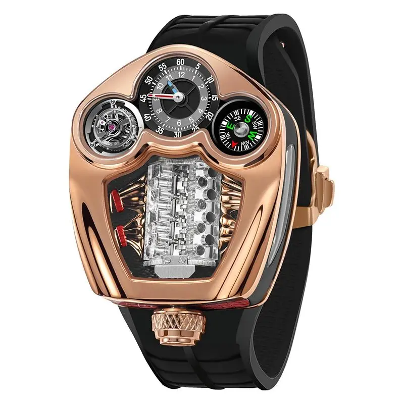Men's Quartz Movement Fashion Watch - Limited Edition Engine-Inspired Design, Stainless Steel Case, Silicone Strap, 5-Bar Water Resistant, Arabic Numeral Markers, Round Face, Prestige EDT, for Boardroom/Sea Male Wear