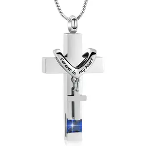 Birthstone Personalized Double Cross Urn Pendant Cremation Jewelry for Ashes Cross Ashes Keepsake