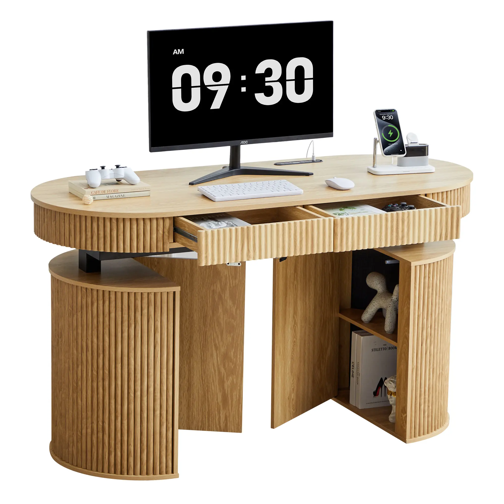 Giratree 55" Electric Standing Desk with Storage and USB & Type-C Charging Ports, Adjustable Height Stand Up Desk, Mid Century Modern Fluted Workstation Desk for Home Office