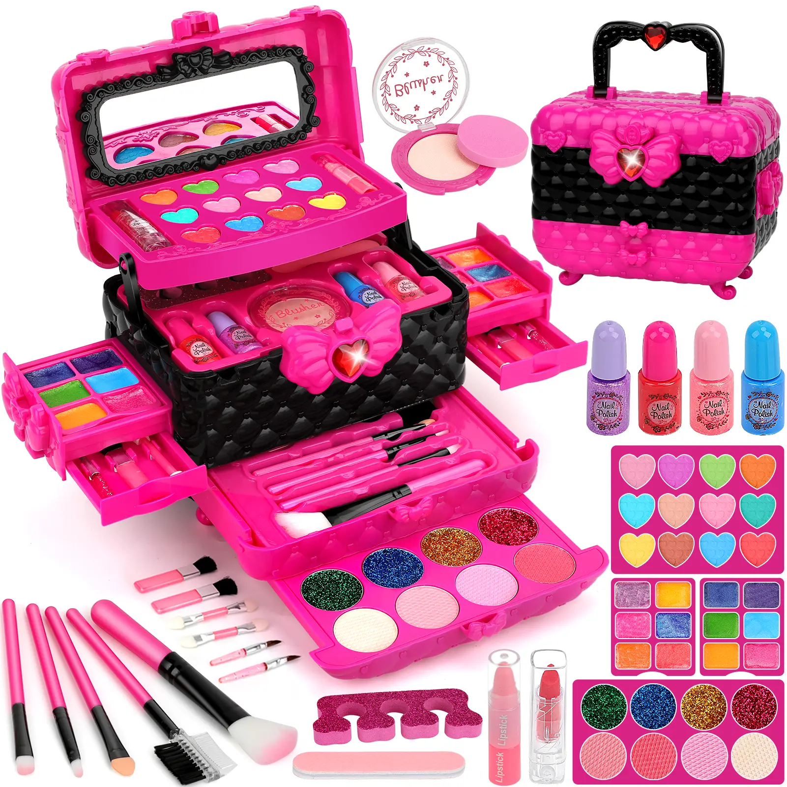 54-Pcs Children's Makeup Set—A non-toxic, washable makeup toy set. This princess role-play toy makes a great gift for birthday parties, holiday celebrations, and Christmas, and is suitable for girls ages 3 to 12.