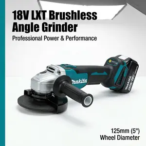 Makita DGA404 Cordless Angle Grinder 18V Brushless Motor Handheld Power Tool with Full Metal Structure and 125mm Disc Capacity for Industrial Metalworking Engineering Maintenance and Site Operations Including Battery Charger