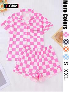 women's plaid print short sleeve pajama two-piece set, casual comfy shortsleeve button up shirt & elastic waist shorts pj set, ladies summer sleepwear, loungesetwomen, womenswear, pyjama set, checkered lounge set, homewear, loungewear