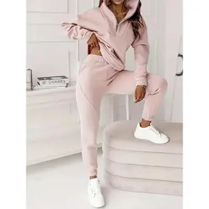 Two piece set of women's Korean half zipper pink top and leg binding pants, suitable for autumn and winter, suitable for home, indoor, and outdoor wear