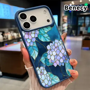 Magnetic Phone case for iPhone 17 16  Pro Max Plus 15 14 13 12 11 Air E Hydrangea in Azure Pattern Non-Yellowing Shockproof Soft Silicone Transparent Acrylic Cover Supports Wireless Charging