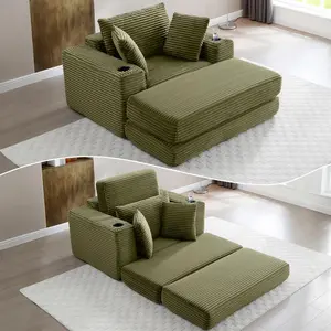 62" Chaise Lounge Chair Indoor, Oversized Corduroy Boneless Convertible Chaise Lounge Couch Sleeper Chair with Ottoman, Deep Seat Reading Chair, No Assembly Required,Green