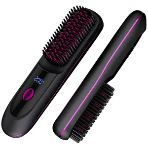 Portable Hair Straightening Brush, USB-C Charging, 3 Temperature Levels, Travel Size Straightener Comb for Quick Styling, Black, Smooth