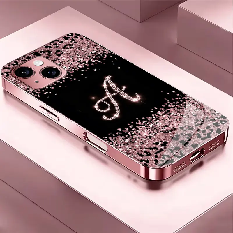 High-End Women's Printed Cover Letter Phone Case for iPhone 15, Electroplated Glass Design, Non-3D Diamond Style - YM99 Series, 26 Letters Available, Big Sale Now