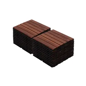Acacia Wood Interlocking Deck Tiles Striped Pattern, 20 PCS  12" x 12" Square Acacia Hardwood Outdoor Flooring for Patio, Bancony, Pool Side