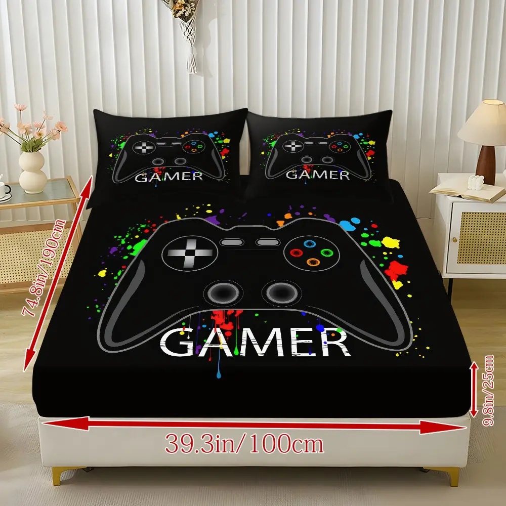 Game Controller Bed Sheet Set (1 Fitted + 2 Pillowcases), Modern Style, Suitable for Dorms, Bedrooms, Hotels, All Seasons, No Fillers, Soft Bedding Sheet Bed Sheets Set