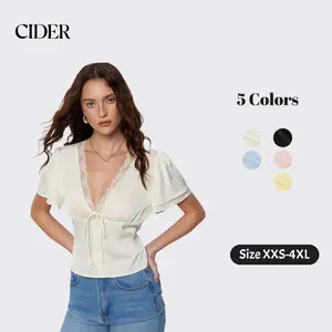 Cider Lace Trim V-Neck Drawstring Short Sleeve Blouse Dealsforyou