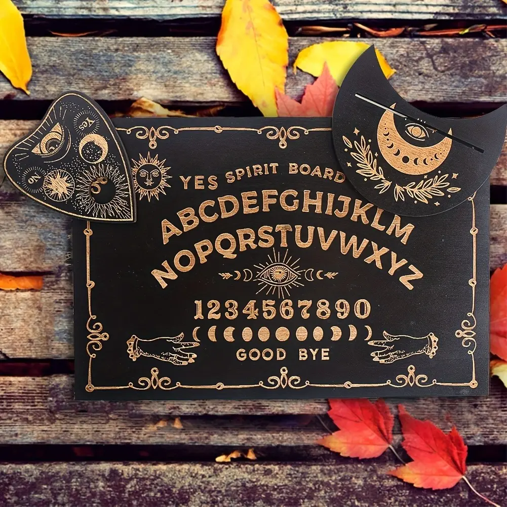 Wooden Decorative Spirit Board Set, Includes Tarot Card Stand, Laser Engraved Ouija Boards, Natural Wood Crystal Display Platform