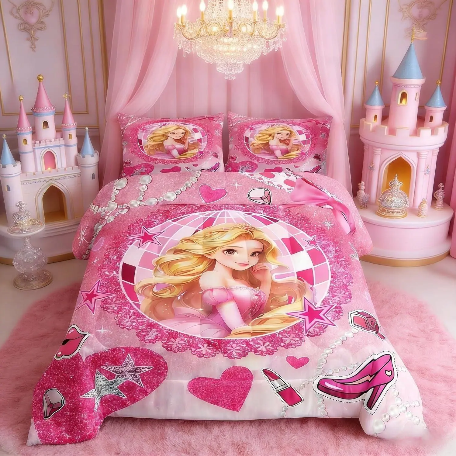 Castle Princess Kids Comforter Set,High-heeled Shoes Lip Bowknot Fashion Bedding Set,Girls Women Room Decor,Glitter Stars Sequins Down Comforter,Pink Romantic Duvet Insert