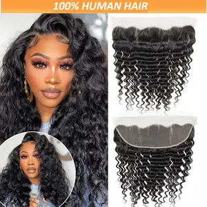 2025 Hot Wholesale Deep Wave Frontal Closure 13x4 Transparent Lace Frontal Closure 180% Density Brazilian Human Hair 13x4 Ear to Ear Full Lace Frontal Closure Pre-Plucked with Baby Hair Natural Black Color
