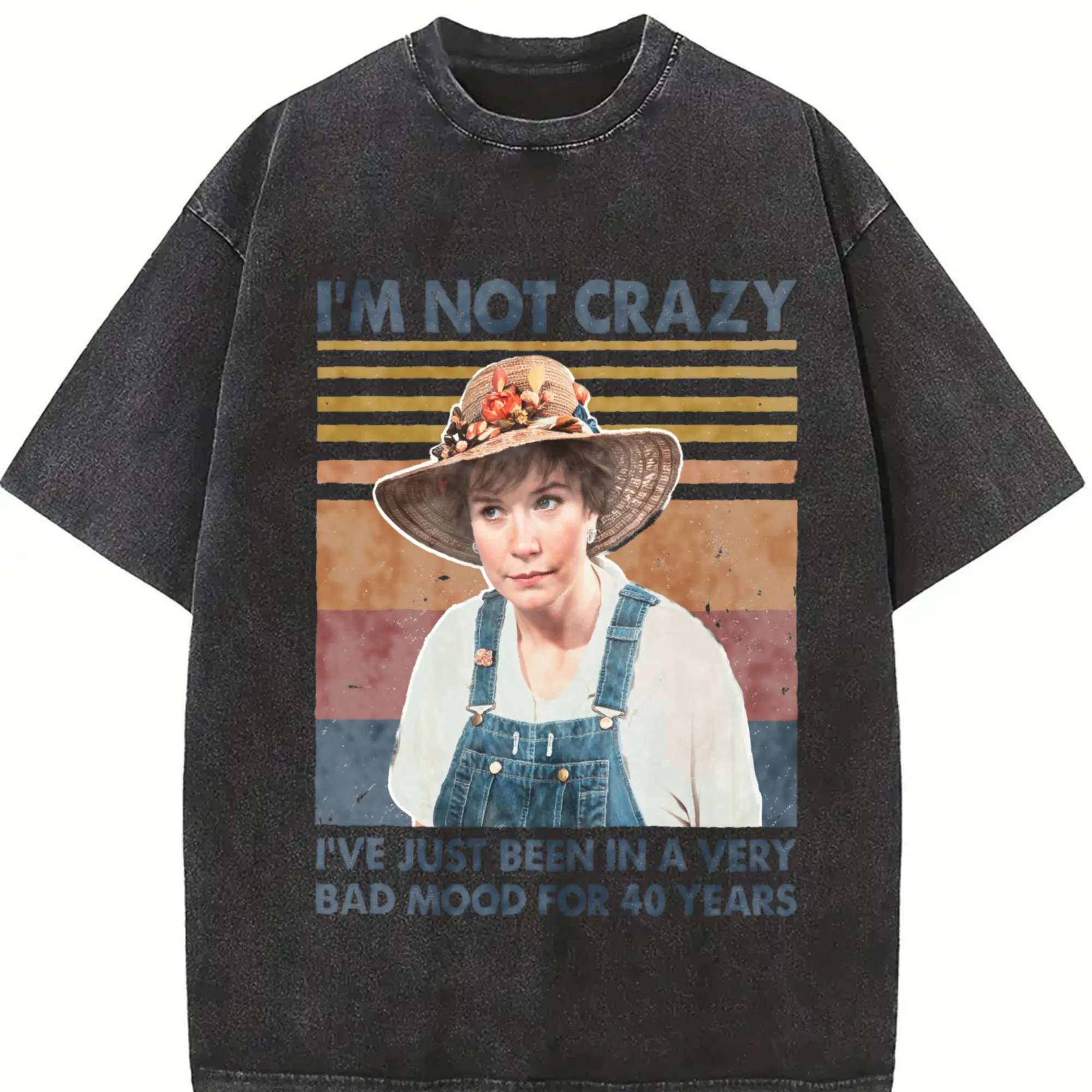 "I'm Not Crazy" Vintage T-Shirt - Retro Loose Fit Short Sleeve Top with Blue Lettering & Striped Background, Casual Round Neck Tee for Daily Wear, Machine Washable Gift