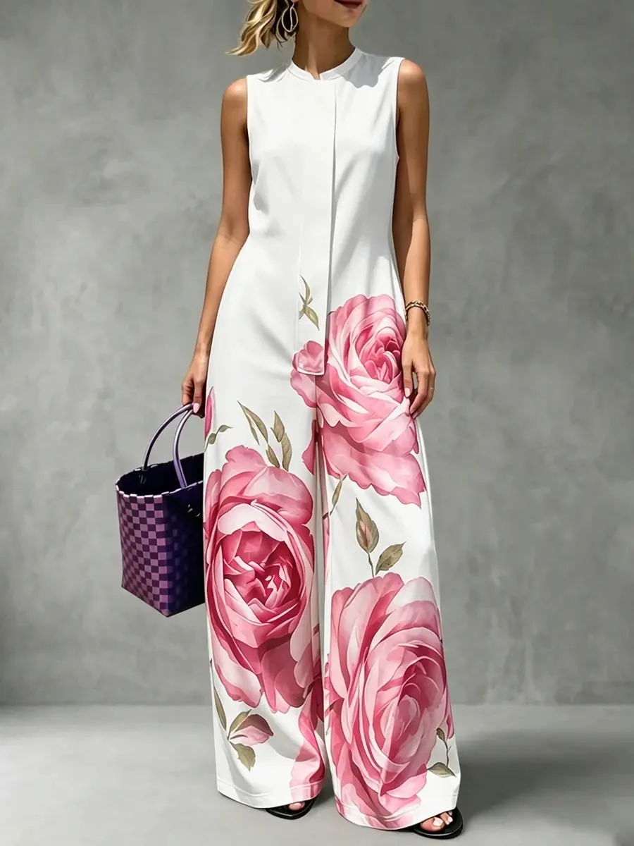 Women’s 2026 New Casual Floral Printed Sleeveless Wide Leg Jumpsuit with Round Neck and Pockets