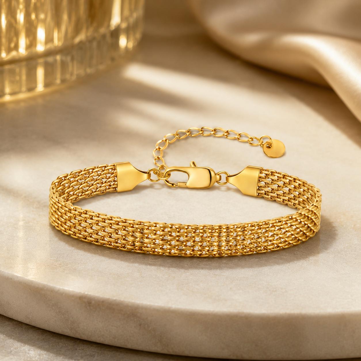 Waterproof Chunky Chain Bracelet for Women - 14K Gold Plated Trendy Adjustable Chain Bracelet - Lightweight Stainless Steel Jewelry | Gold Bracelet for Women, Mesh Bracelet Weaving Bracelet with Lobster Clasp, Elegant Fashion Jewelry Gift for Her