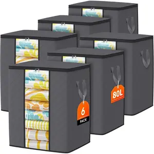 Clothes Storage Bags, 6-Pack Comforter Blanket Organizers, 80L Large Capacity Containers with Visual Window for Clothing, Quilt, Sheet, Pillow, Closet Organization for Bedding (Grey)