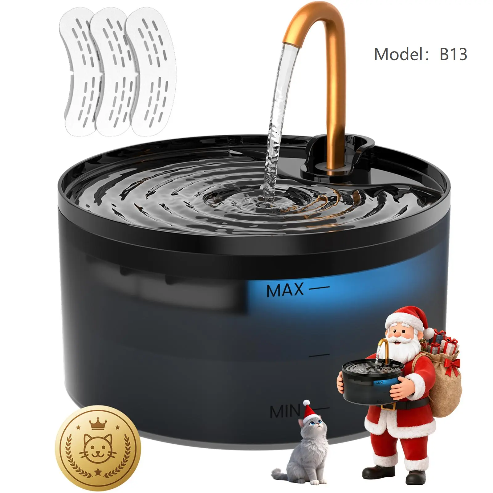 Petlovers MISFANS Matte Black Ultra Quiet B13 Cat Water Fountain – 2.1L Capacity with 6-Layer Filtration, Copper Spout & LED Night Light for Cats, Dogs & Small Pets|Wired plug-in model