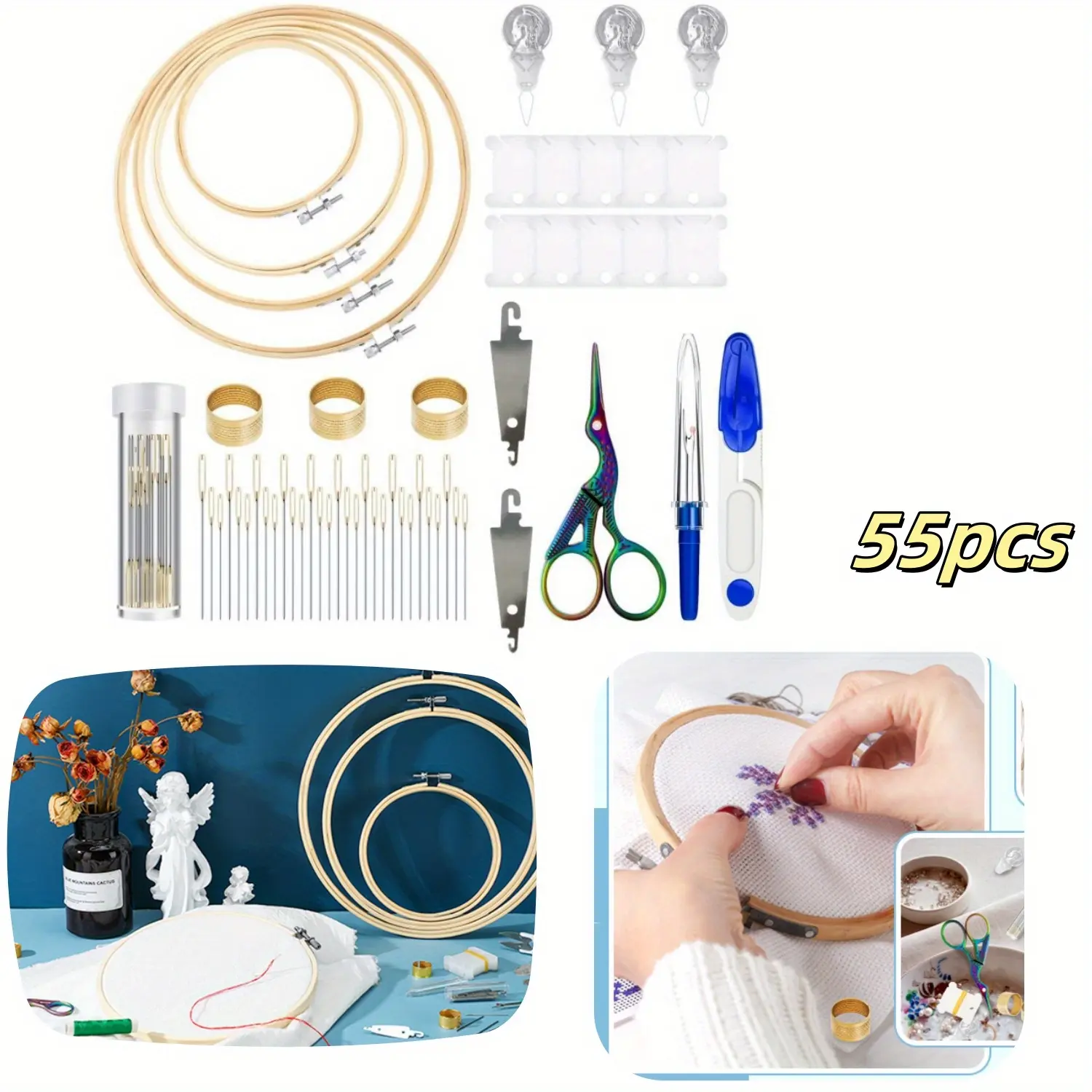 55 Pieces Cross Stitch Tool Embroidery Starter Kit Includes Bamboo Circle,Cross Stitch Hoop Ring,Sewing Scissors,Needle Threading Tools,Thimbles,Floss Bobbins,Seam Ripper and Embroidery