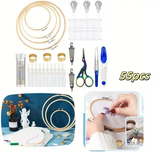 55 Pieces Cross Stitch Tool Embroidery Starter Kit Includes Bamboo Circle,Cross Stitch Hoop Ring,Sewing Scissors,Needle Threading Tools,Thimbles,Floss Bobbins,Seam Ripper and Embroidery