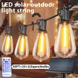 Kasotile 15m/50ft Solar String Lights, Remote Control & Timer, LED St38 Bulb, Dimmable Led Lights, Outdoor Waterproof, USB & Solar Garden Light, Party Decor