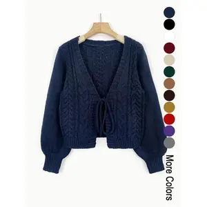 Women's Solid Drop Shoulder Long Sleeve Cardigan, Lady Knitting Tops, Minimalist Tie Front Knitwear With V Neck For Fall & Winter