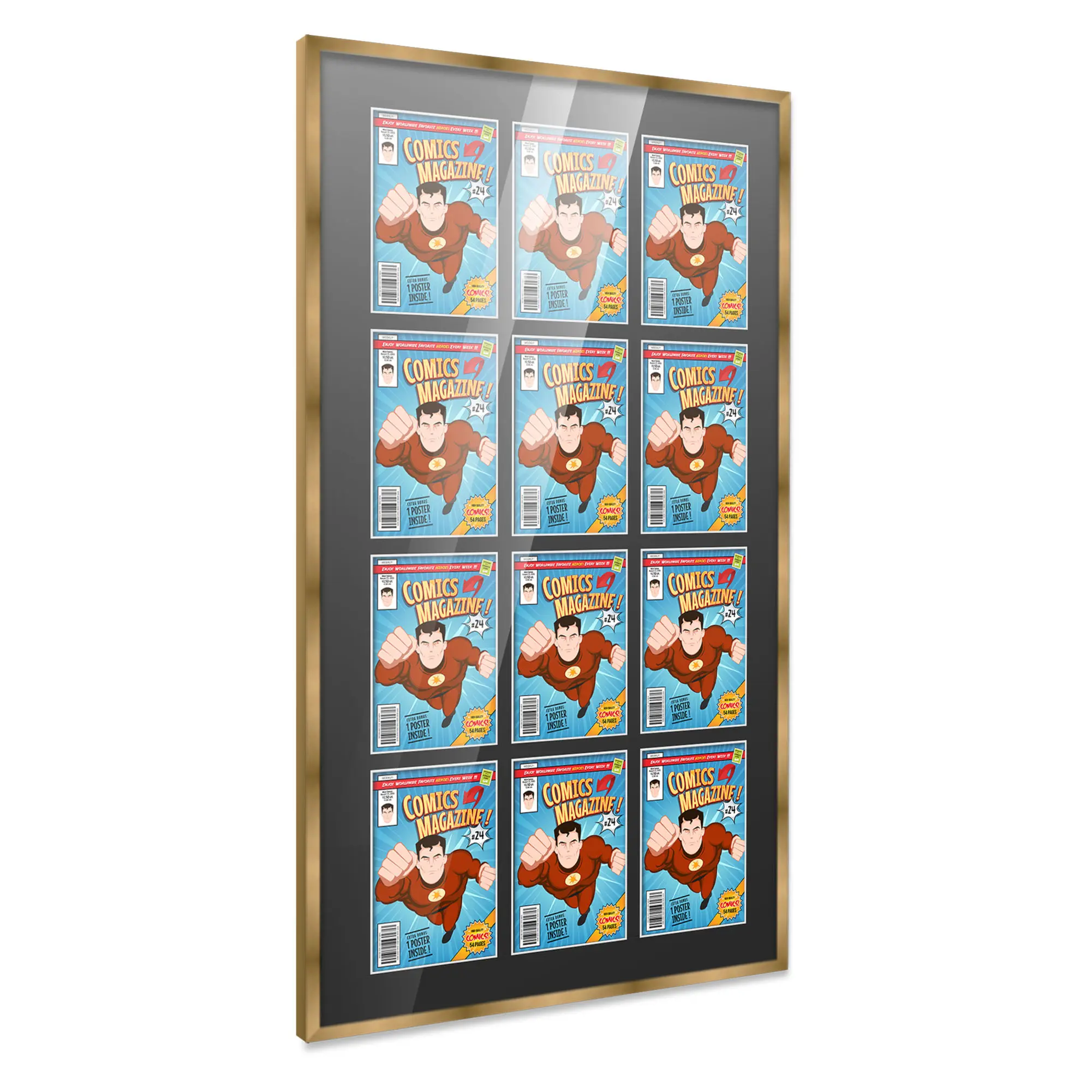 Comic Book Frame with Mat for 12 Current Era Comics Published After 1985 - Bronze Wood Comic Frame With Black Mat for 6.875x10.5 Comics - 29x50.5 Frame Size