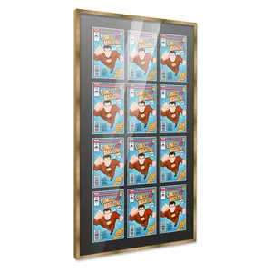 Comic Book Frame with Mat for 12 Golden Age Comics Published Between 1938 and 1956 - Bronze Wood Comic Frame With Black Mat for 7.75x10.5 Comics - 29x50.5 Frame Size