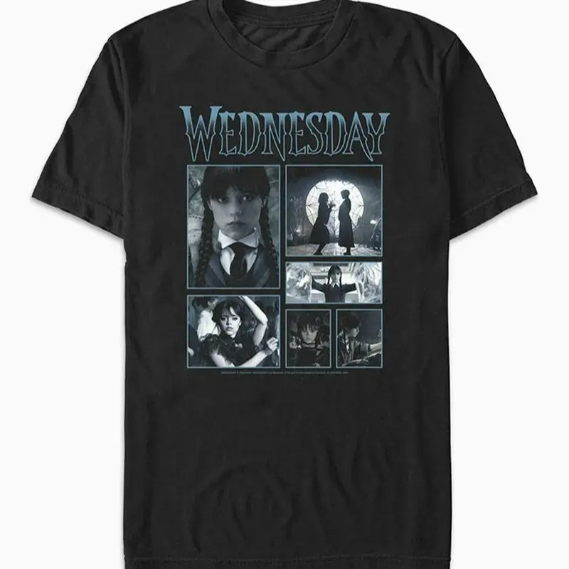 Wednesday Netflix Series Multi Scene Photo Collage Black Graphic Tee Shirt, Fashion Cotton, Full Colors, Full Sizes, For Men, For Women