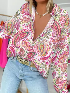 Women's Paisley Print Button Front Shirt, Boho Long Sleeve Collared Top for Daily Holiday Vacation Wear, Ladies Clothes for All Seasons