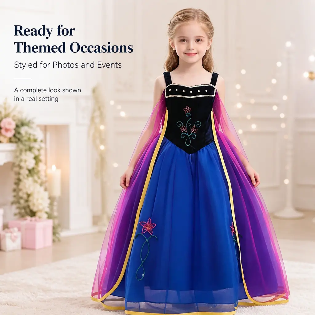 Girls Anna Princess Dress, Sleeveless Spaghetti Strap Gown With Gradient Tulle Cape, Floral Embroidery Kids Cosplay Costume for Party Halloween Birthday