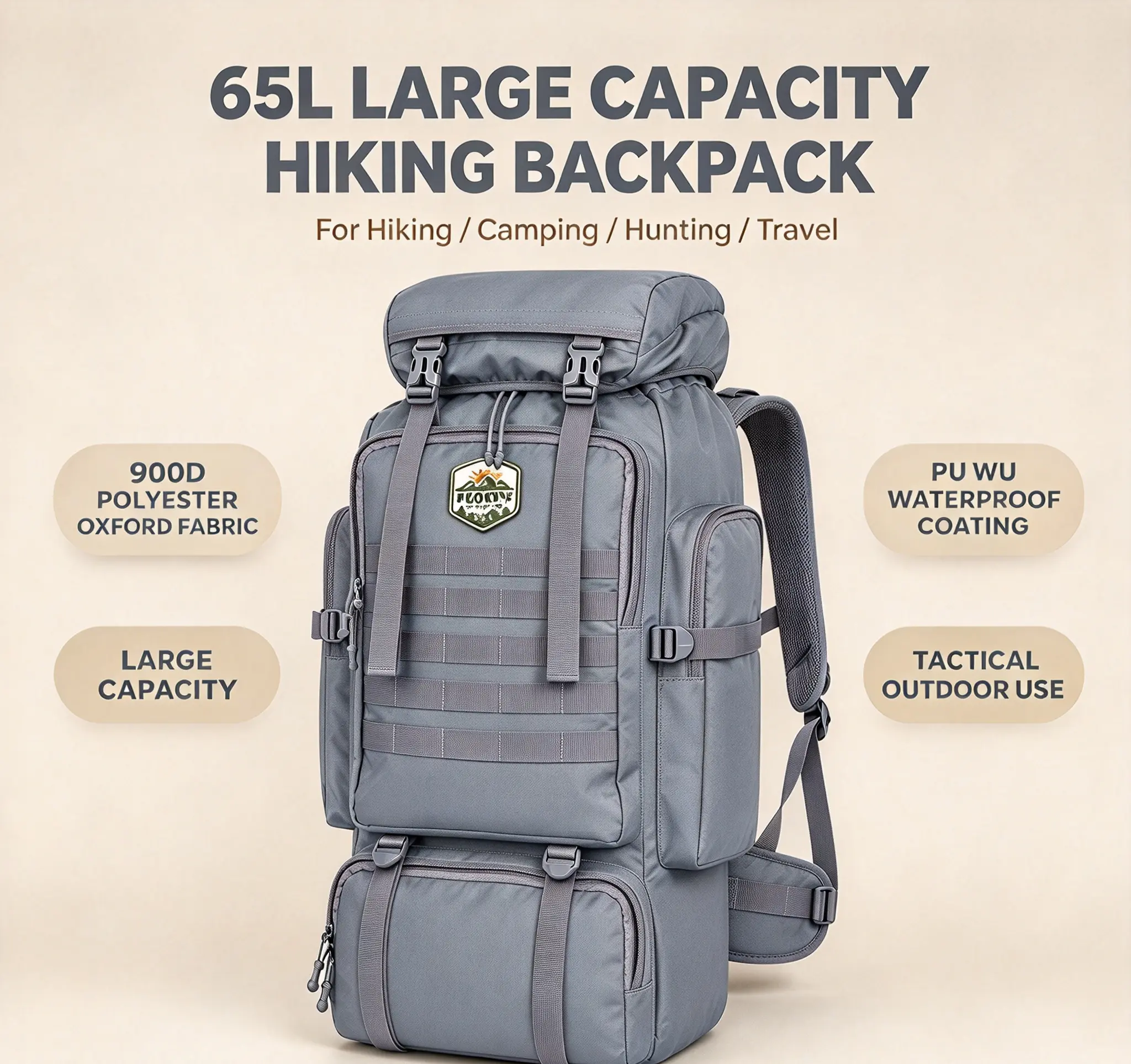 Unisex 65L Gray Heavy Duty Hiking Backpack, 900D Oxford Tall Profile Outdoor Utility Rucksack with Separate Bottom Storage, Waterproof Multi-Pocket Tactical Pack for Backpacking Camping Hunting Travel