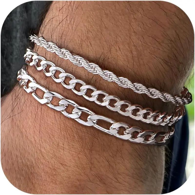 Milacolato Men's 3-Piece 316L Stainless Steel Chain Bracelets - 14K Gold/Silver Plated Figaro Rope Cuban Link, 6.5-9in Multi-Size with 2-Inch Extension, Elegant Daily Men's Jewelry for Father's Day Gifts
