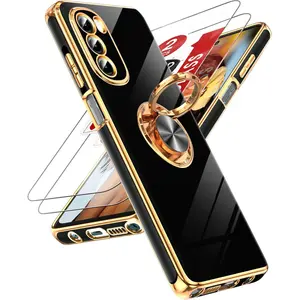 for Moto G Stylus 5G 2022 Case: with Tempered Glass Screen Protector [2 Pack] 360 °   Rotatable Ring Holder Magnetic Kickstand, Plating Rose Gold Edge for Motorola G Stylus 5G 2022 Case, Black