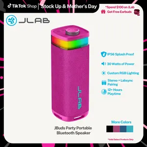 JLab JBuds Party Portable Bluetooth Speaker 30W 12H Playtime RGB Lighting IP56 Waterproof Stereo Pairing LabSync Up to 100 Speakers, USB-C