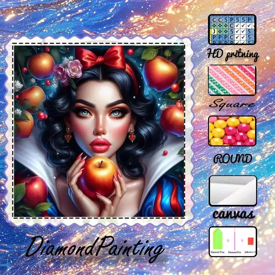 5D-DIY, premium velvet canvas, diamond art, diamond painting kit, apple, bow, curly hair AB drill, fairy dust diamond, crystal diamond, perfect home decoration, handmade diamond art painting kit, special crafts diamond art kit, Diamond Art Tools