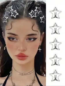 10pcs Women Star Shaped Fashion Snap Clip, Hair Clips, Silver Color Hair Accessories, Casual Y2K Hair Bars, Perfect for Daily & School Use